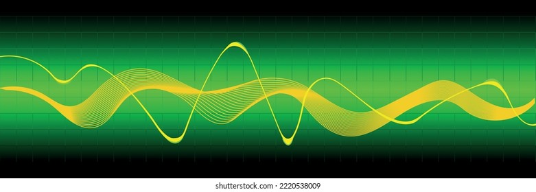 Sound Waves Oscillating Yellow  Glow Light Frequency Audio Waveform On Dark Backdrop . Abstract Wave Voice Graph Signal, Digital Equalizer Technology Green Background