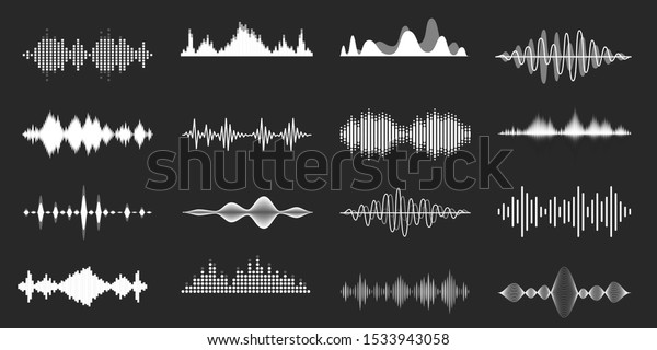 Sound waves. Playing song visualisation, radio\
frequency lines and sounds amplitudes. Abstract music wave, stereo\
equalizer and volume levels vector set. Monocolor audio soundtrack,\
musical vibrations
