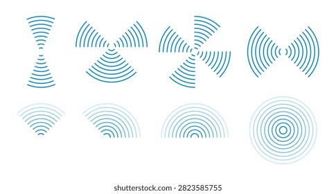 Sound waves and radar icons. Vector line ripples expand in circular motion deal for sonar detection, wireless signal, and acoustic technology designs