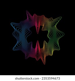 Sound waves rainbow circle shape. Abstract geometric linear wavy shape on black background. Vector icon.