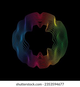 Sound waves rainbow circle shape. Abstract geometric linear wavy shape on black background. Vector icon.