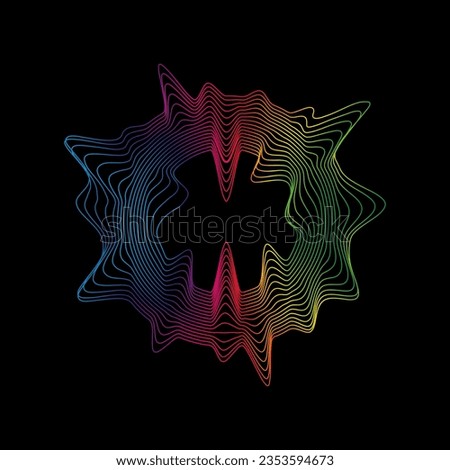 Sound waves rainbow circle shape. Abstract geometric linear wavy shape on black background. Vector icon.