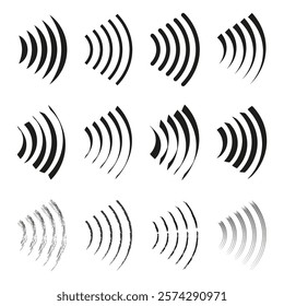 Sound waves set. Abstract vector illustration. Curved black shapes. Dynamic motion design.