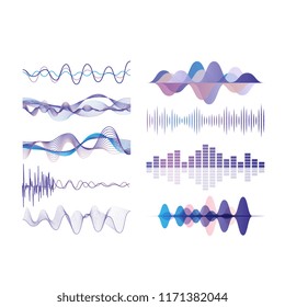 Sound Waves Set, Audio Digital Equalizer Technology, Musical Pulse Vector Illustrations On A White Background