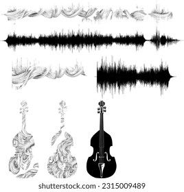 Sound waves set, audio digital equalizer technology, musical pulse vector Illustrations. Music instrument. Cello instrument with hair waves shapes.