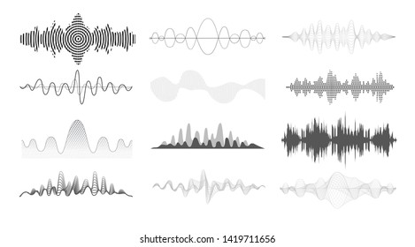  Sound Waves Set. Audio Equalizer Technology, Volume Level Symbol, Pulse Musical, Voice Line Waveform, Electronic Radio Signal, Seismic Waves. 