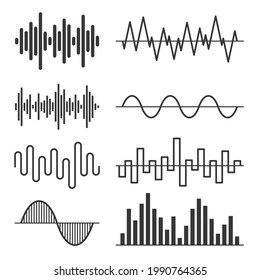 Conjunto de ondas de sonido. Ecualizador de audio en fondo blanco. Vector