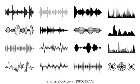 Sound Waves Set. Black Digital Radio Musical Wave. Audio Soundtrack Shapes. Player Pulse Amplitude Forms Isolated Vector Set