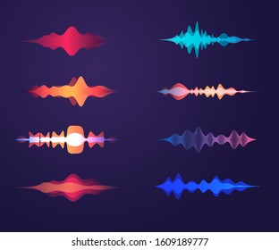 Sound Waves Set In Different Colors, Amplitude Wave Objects. Collection Of Colorful Voice Waves