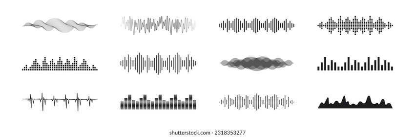 Ondas de sonido configuradas. Ecualizador. Señal digital de audio. Ola de sonido de voz. Ola de sonido de movimiento. Elementos de música para el reproductor de audio de diseño.