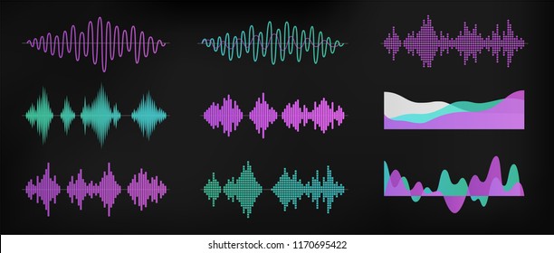 Sound waves set isolated on dark background. Digital equalizer technology, audio player, musical pulse. Sound rhythm. Simple modern design. Flat style vector illustration.