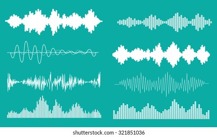Sound waves set, isolated, vector illustration. Equalizer playing sound music waves. Black audio signal design, sound and music waves collection.
