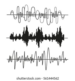 Sound waves set, isolated, vector illustration. Equalizer playing sound music waves. Black audio signal design, sound and music waves collection.