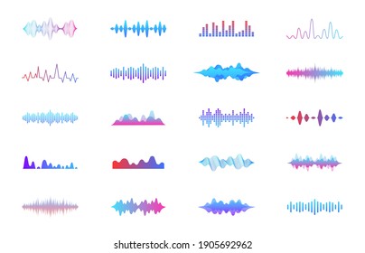 Ondas de sonido configuradas. Ecualizador de sonido moderno. Iconos de ondas de radio. Símbolos de nivel de volumen. Frecuencia musical. Resumen de ecualizadores digitales para aplicación de música. Ilustración vectorial.