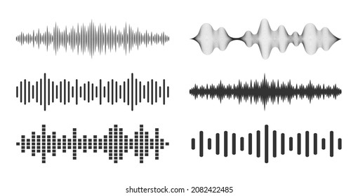 Sound waves set. Modern sound equalizer. Radio wave icons. Volume level symbols. Music frequency. Abstract digital equalizers for music app. Vector illustration.