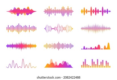 Sound waves set. Modern sound equalizer. Radio wave icons. Volume level symbols. Music frequency. Abstract digital equalizers for music app. Vector illustration.