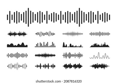 Sound waves set. Modern sound equalizer. Radio wave icons. Volume level symbols. Music frequency. Abstract digital equalizers for music app. Vector illustration.