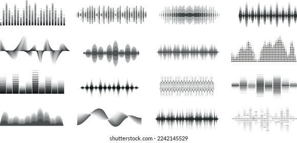 Sound waves set. Modern sound equalizer. Radio wave icons. Volume level symbols. Music frequency. Abstract digital equalizers for music app. Vector illustration.