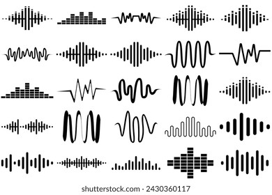 Ondas de sonido ajustadas. Ecualizador de sonido moderno. Iconos de ondas de radio. Símbolos de nivel de volumen