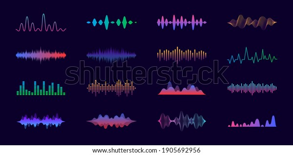 Sound waves set. Modern sound\
equalizer. Radio wave icons. Volume level symbols. Music frequency.\
Abstract digital equalizers for music app. Vector\
illustration.