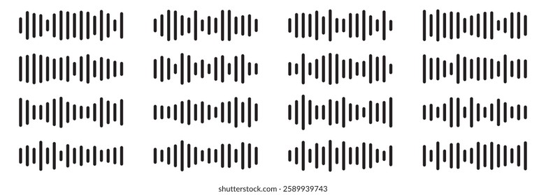 Sound waves set. Music audio frequency, voice waveform, electronic radio signal, volume level, track symbol. Various noise pulses black lines isolated on transparent. Abstract vector background.