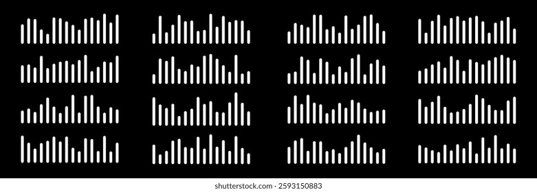 Sound waves set. Music audio frequency, voice waveform, electronic radio signal, volume level, track symbol. Various noise pulses white lines isolated on black. Abstract vector background.