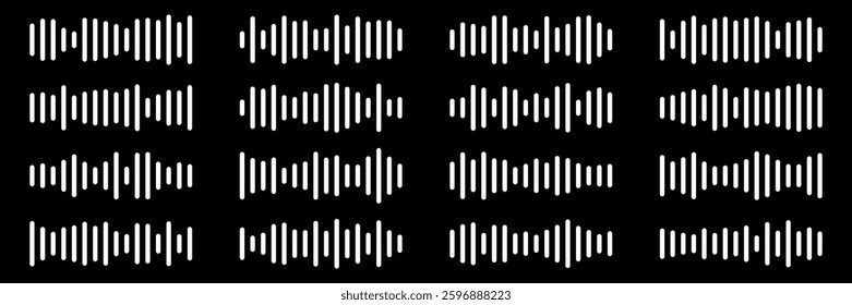 Sound waves set. Music audio frequency, voice waveform, electronic radio signal, volume level, track symbol. Various noise pulses white lines isolated on black. Abstract vector background.