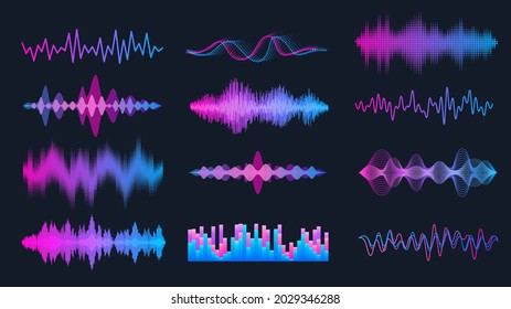 Sound waves set, music wave HUD interface elements, frequency audio waveform, voice graph signal. Vector audio electronic color wave