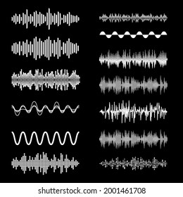 Sound Waves Set on Black Backdrop. Playing Song Visualization, Radiofrequency Lines, and Sounds Amplitudes. Can be Used for Music Clubs Projects, Audio Logo or Musical Pulse Background