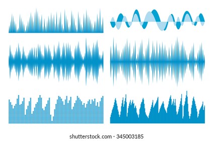 Sound waves set on white background.  Music and science signs. Vector illustration