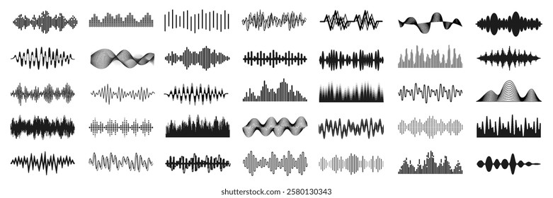 Sound waves sign set, equalizer music waves, musical sound wave beat  collection icon, digital and analog line waveforms, frequency audio waveform, electronic signal, voice recording - vector