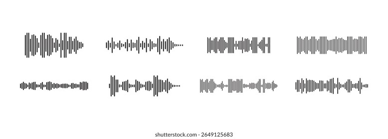Conjunto de sinais de ondas de som, ondas de música equalizador, ícone de coleção de batida de onda de som musical, formas de onda de linha digital e analógica, forma de onda de áudio de frequência, sinal eletrônico, gravação de voz 