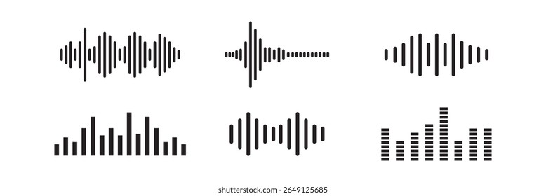 Conjunto de sinais de ondas de som, ondas de música equalizador, ícone de coleção de batida de onda de som musical, formas de onda de linha digital e analógica, forma de onda de áudio de frequência, sinal eletrônico, gravação de voz 