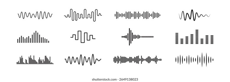 Conjunto de sinais de ondas de som. ondas de música equalizador, ícone da coleção de batidas de ondas de som musicais.  Elementos de design gráfico para monitoramento financeiro, equipamento médico, aplicativo de música. Ilustração isolada de vetor.