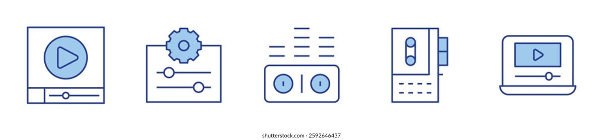 sound waves, tape recorder, video file, settings, play video. Multimedia Icon vector illustration. Line Duotone style. Editable stroke.