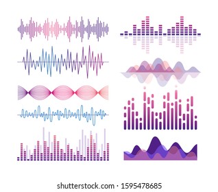 Sound waves vector color illustrations set. Audio effects visualization. Music player equalizer. Song, voice vibration. Violet lines and curves isolated design elements pack. Soundtrack rhythm.