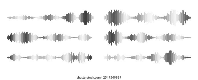 Sound waves of voice audio message recordings, . Podcast sound wave for online audio broadcasting. Vector set of music symbols, for music player and voice messages
