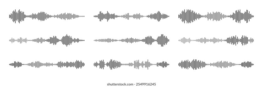 Sound waves of voice audio message recordings, . Podcast sound wave for online audio broadcasting. set of music symbols, for music player and voice audio messages. Vector illustration