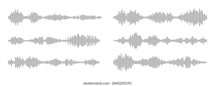 Sound waves of voice audio message recordings, . Podcast sound wave for online audio broadcasting. set of music symbols, for music player and voice audio messages. Vector illustration
