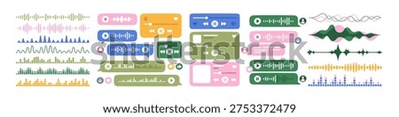 Sound waves, voice messages and audio tracks set. Music play and pause, soundtrack waveforms. Audible records, podcasts, players streaming. Flat vector illustrations isolated on white background