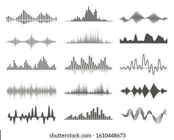 Sound waves, volume diagrams glyph vector illustrations set. Noise level charts, monochrome curve lines pack. Radio waves, monocolor loudness graphs collection isolated on white background