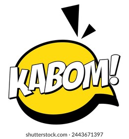 Sound of a yellow comic bubble making noise with the text "KABOM!" outlined in black, editable vector