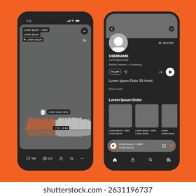 Modelo de modelo de interface do usuário do SoundCloud. Interface do player de música SoundCloud com visualização de forma de onda. Lista de reprodução do SoundCloud, perfil do usuário e layout de streaming de áudio. Site do SoundCloud e aplicativo móvel para música