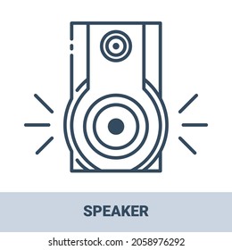 Sounding Stereo-Lautsprecher System Umriss monochrome Symbol mit Titel. Sammlung von elektronischen Geräten und Gadgets Symbole. Vektormonochrome Illustrationen einzeln auf weißem Hintergrund.