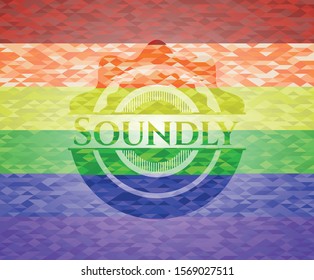 Soundly emblem on mosaic background with the colors of the LGBT flag