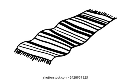 Sound-muffling flooring. Cozy striped rug. Narrow long carpet for the floor. Black and white illustration in cartoon style. Traditional rug made from natural materials. Finishing the edge with fringe