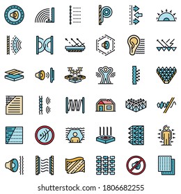 Soundproofing icons set. Outline set of soundproofing vector icons thin line color flat on white