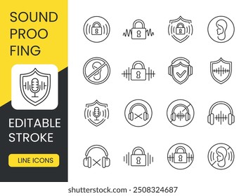 Soundproofing and noise reduction line icons set vector with editable stroke.