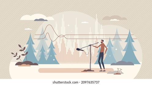 Soundscape recording with nature environment music tiny person concept. Outdoors forest noise record with microphone vector illustration. Meditation feeling and yoga audio mood song tracks listening.