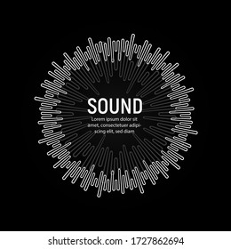 Soundtrack playback, music record vector illustration. Radial sound waves, tunes mixtape app icon on black background. Round white musical recording studio sign. 